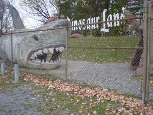A fearsome shark(dinosaur?). Don't worry, he's behind a fence.
