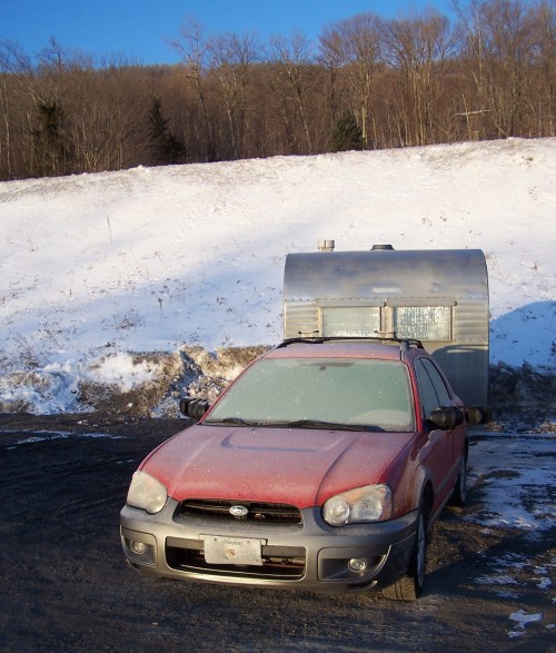 A pre-Voyage test run to Belleayre Mountain in NY. Pulled by the Subaru, the Tramper slept in the parking lot.